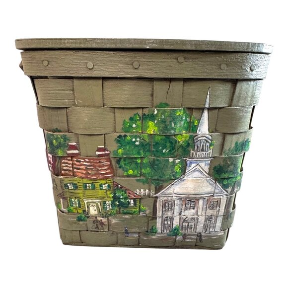 Vtg Hand-Painted Green Picnic Basket Purse Church Steeple Handle Village Scene - Picture 9 of 11